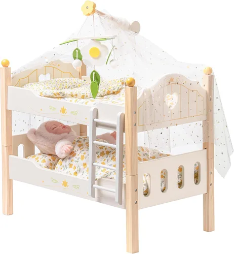 Vista 13 de ROBOTIME Literas de muñeca de bebé, cunas de madera para muñecas de 18 pulgadas, cama apilable para muñecas de muñeca para muñecas americanas