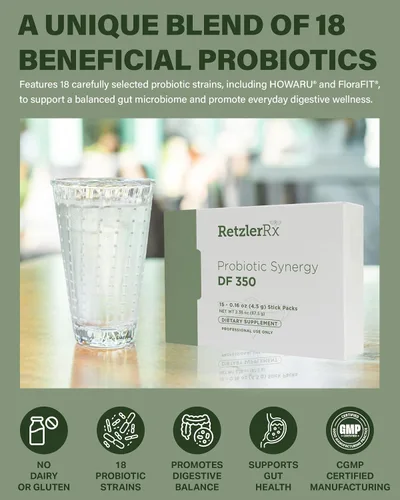 Vista 2 de Probiotic Synergy DF 350 ® de Dr. RetzlerRx™ - 350 mil millones de UFC - Sin lácteos y alta potencia 350 CFU Suplemento probiótico de 18 cepas