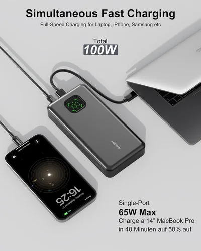 Vista 3 de Banco de energía de 65W, cargador portátil USB C para laptop de 25000mAh esencial para viajes, paquete de batería de carga rápida total de 100W