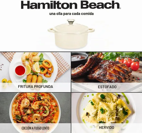 Vista 8 de Hamilton Beach Olla holandesa de hierro fundido esmaltado de 3 cuartos de galón con tapa, color crema
