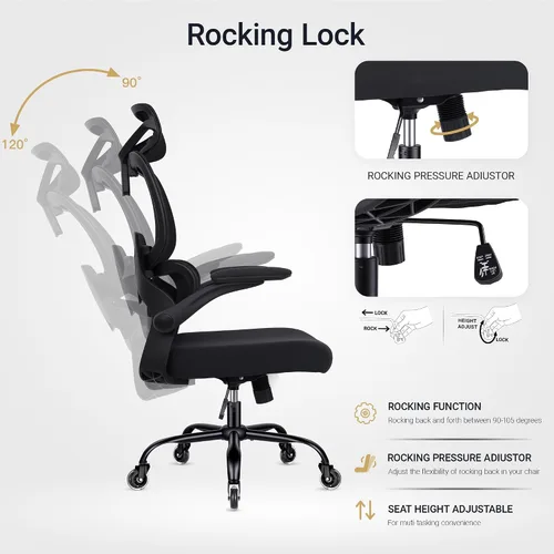Vista 7 de Silla de oficina ergonómica con reposabrazos abatibles, soporte lumbar ajustable, silla de computadora con respaldo de malla transpirable, sillas