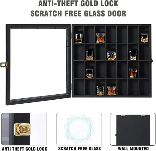 Vista 3 de Vitrina de vidrio de chupito, soporte de madera para armario montado en la pared, caja de sombra negra con cerradura con protección UV, exhibición