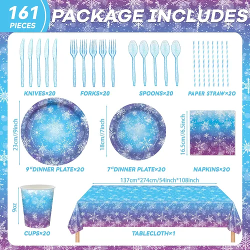 Vista 5 de Kit de vajilla mágica para fiesta de Frozen Wonderland – 161 suministros de cumpleaños de copos de nieve de invierno azules y morados para niños