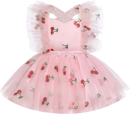 Vista 2 de Vestido para sesión de fotos de fiesta de cumpleaños con espalda descubierta para bebé, niña, mariposa, fresa, volantes, princesa, pastel, fiesta