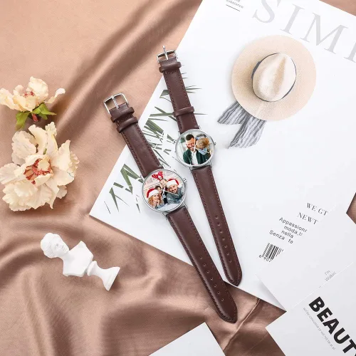 Vista 2 de OPALSTOCK Reloj personalizado grabado con palabras y foto, correa de cuero, hecho a mano, para pareja, regalo personalizado para el padre, madre