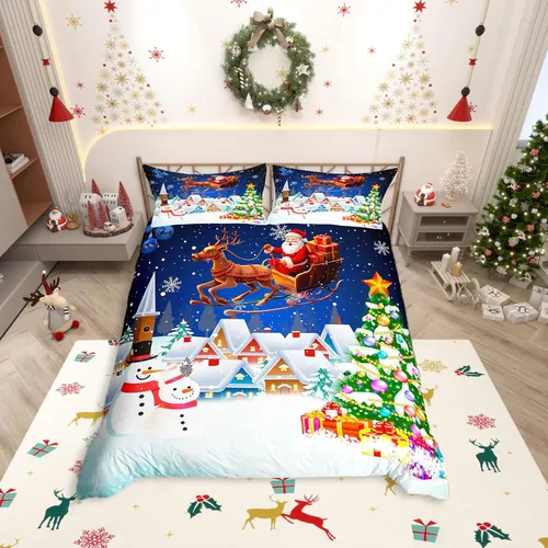 Vista 9 de Juego de funda de edredón con diseño de ciervo de cabaña, tamaño twin, juego de ropa de cama rústica de tablón de madera de árbol de Navidad