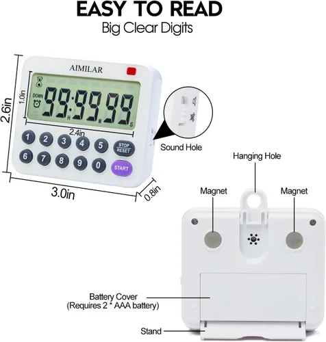Vista 6 de AIMILAR Temporizador digital magnético de cocina con teclado numérico directo, alarma fuerte, temporizador de cuenta regresiva de 99 horas