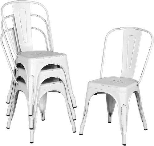 Vista 10 de Yaheetech Juego de 4 sillas de comedor de metal, sillas de patio apilables con marco de metal y respaldo para Metal (Gun Metal)