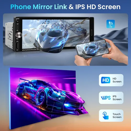 Vista 3 de Estéreo de coche de un solo DIN con CarPlay inalámbrico Android Auto Mirror Link, radio de coche, unidad auricular manos libres Bluetooth de 6.9