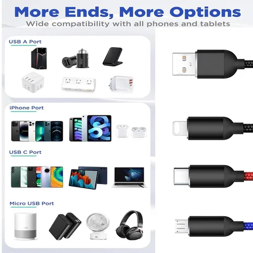 Vista 7 de Juego de cables de carga USB multifunción, paquete de 3 cables trenzados de nailon 3 en 1, múltiples cables de carga rápida para el hogar, oficina