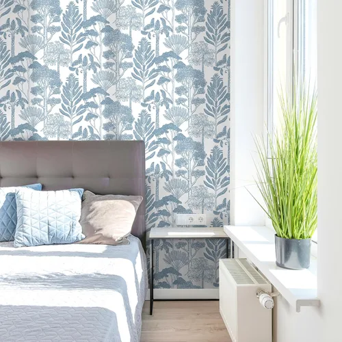 Vista 6 de Papel tapiz azul y blanco, moderno, para despegar y pegar, papel de contacto de árbol del bosque para gabinetes, papel adhesivo autoadhesivo