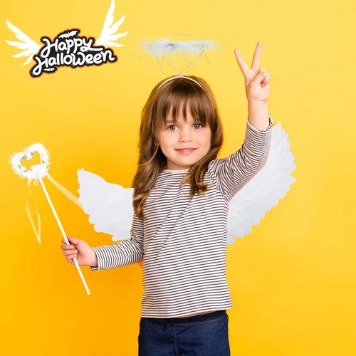 Vista 4 de 6 piezas de alas de ángel para niños y diadema de halo con varita de ángel cosplay para niñas, suministros de fiesta de disfraces de Halloween