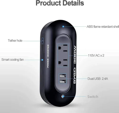 Vista 5 de Inversor de corriente para automóvil de 300 W, convertidor de CC de 12 V a 110 V CA, dos salidas de CA y puertos de carga rápida USB duales de 2.4