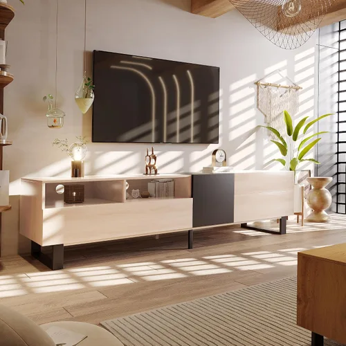 Vista 2 de Polibi Soporte de TV para TV de 80 pulgadas con puerta abatible, mesa consola multimedia moderna, centro de entretenimiento con doble espacio