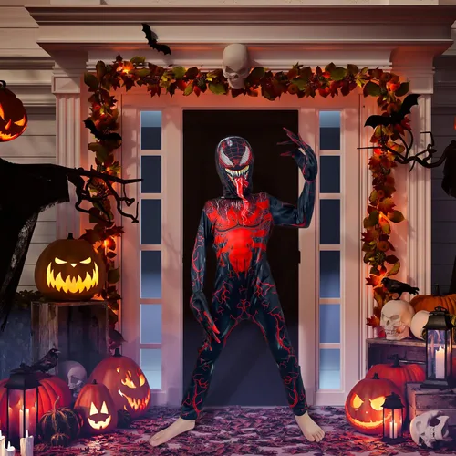 Vista 5 de LULUNEE Disfraz de superhéroe para niños, overol de cosplay de Halloween, estilo 3D rojo (110)