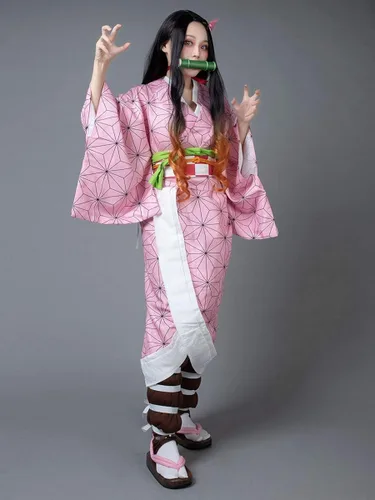 Vista 3 de Cosfun Nezuko Kamado Kimono Completo Disfraz + Pelucas