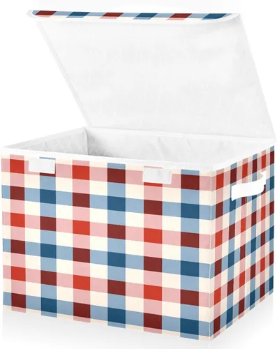 Vista 4 de Ollabaky Caja de almacenamiento plegable patriótica del 4 de julio a cuadros más grande de tela, caja de almacenamiento decorativa, organizador