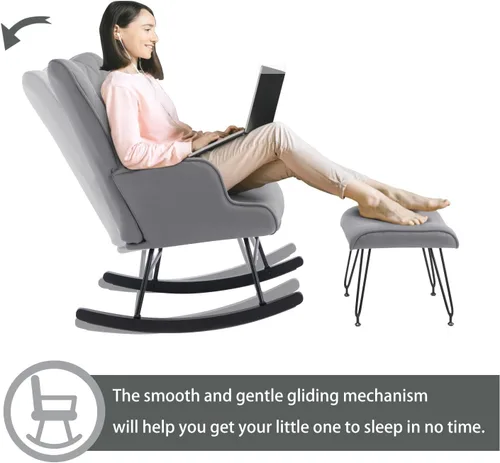 Vista 6 de Mecedora tapizada moderna con otomana, 2 piezas, deslizador de respaldo alto para guardería, sala de estar o dormitorio, cómodo sillón con soporte