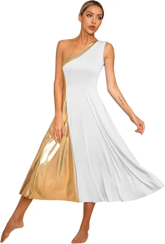 Vista 2 de Vestido de baile de alabanza lírico metálico de un hombro para mujer, sin mangas, ropa de baile litúrgica
