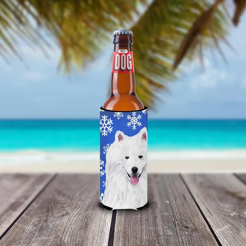 Vista 2 de Caroline's Treasures SC9379MUK American Eskimo Winter Snowflakes Holiday Ultra Hugger para latas delgadas puede enfriar manga Hugger lavable a
