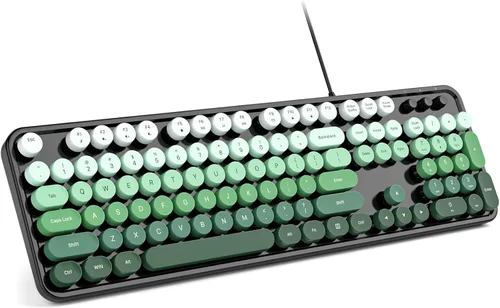 Vista 11 de MOFII Teclado de máquina de escribir con cable, tamaño completo, USB Plug and Play, teclado redondo retro con soportes plegables para PC, laptop