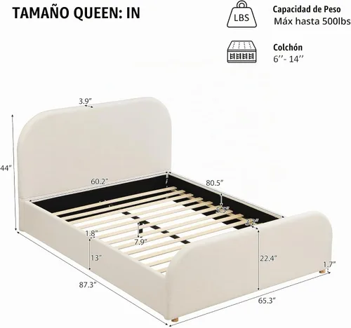 Vista 2 de Merax Marco de cama tamaño Queen, cama de plataforma tapizada de lino con cabecero y estribo de 44 pulgadas de alto, base de madera maciza, diseño