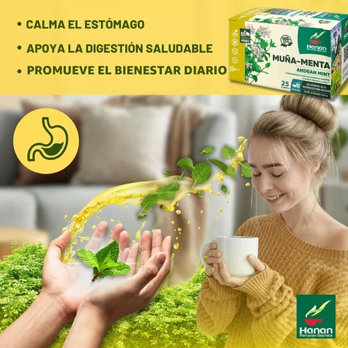 Vista 3 de Bolsas de té Hanan Muña – Té de hierbas de menta andina 100% natural de Perú, 25 bolsas de té tradicional de Muña del Perú, sin cafeína