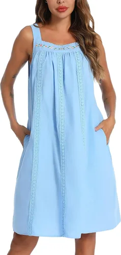 Vista 16 de YOZLY - Camisones de algodón sin mangas para mujer, camisón de tanque de noche con bolsillos A-Solid Blanco