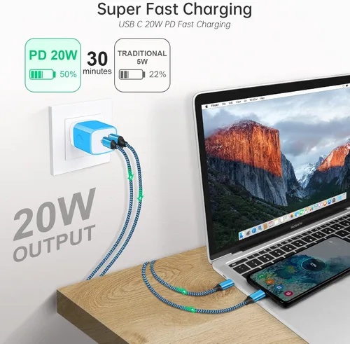 Vista 3 de Cargador de pared USB C, 2 puertos de 20 W, USB A y USB C [PD/QC 3.0], paquete de 3 adaptadores de enchufe de pared USB-C para iPhone