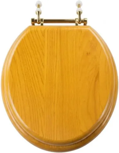 Vista 2 de Renovators Supply Manufacturing™ Asiento de inodoro redondo de madera de roble claro con bisagras de PVD de latón, madera maciza dura, diseño
