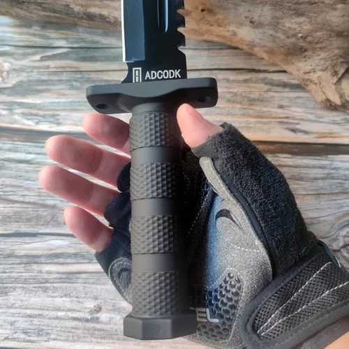 Vista 5 de Cuchillo táctico Bowie con funda de hoja fija cuchillos de caza de supervivencia con mango antideslizante y afilador y arrancador de fuego