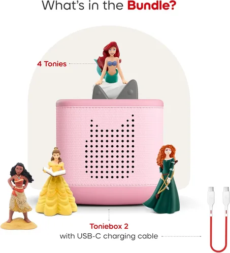 Vista 3 de Toniebox 2 Audio Player Disney Princess Bundle for Kids 3+ with Ariel, Moana, Merida, and Belle - Cloud Pink Nube rosada