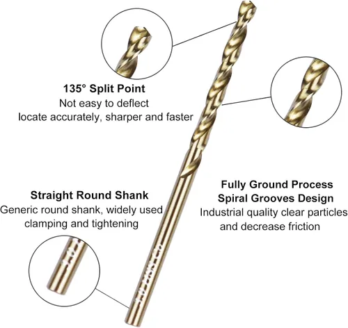 Vista 2 de Broca de cobalto de 1/8 pulgadas M35 HSS Brocas helicoidales Jobber Longitud Broca de acero para metal duro y acero inoxidable, paquete de 10