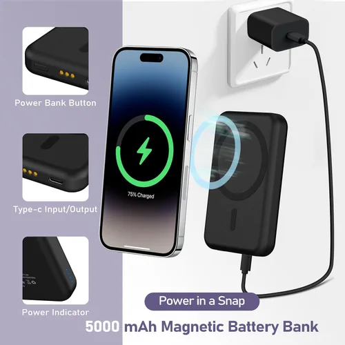Vista 4 de Smtcsl Estación de Carga Inalámbrica 3 en 1: Soporte de Cargador de Banco de Energía Extraíble de 5000mAh para Teléfono/Reloj/Air Pods - Paquete