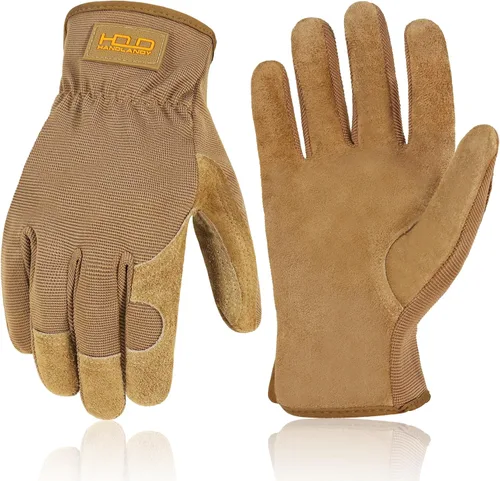 Vista 22 de HANDLANDY Guantes de jardinería de cuero para hombre, guantes de trabajo utilitarios para mecánicos, construcción, conductor
