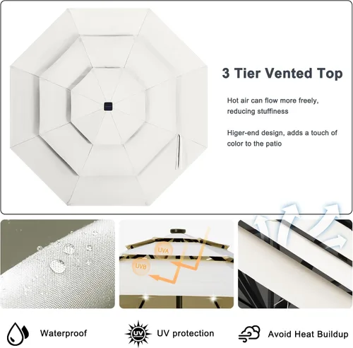 Vista 5 de ABCCANOPY Sombrilla solar de patio de 3 niveles de 11 pies, 32 luces LED Beige