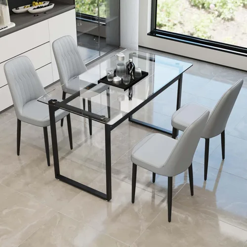 Vista 14 de Juego de mesa de comedor de cristal moderno para 4, juego de mesa de cocina rectangular, juego de mesa de comedor de 5 piezas con 1 mesa de vidrio