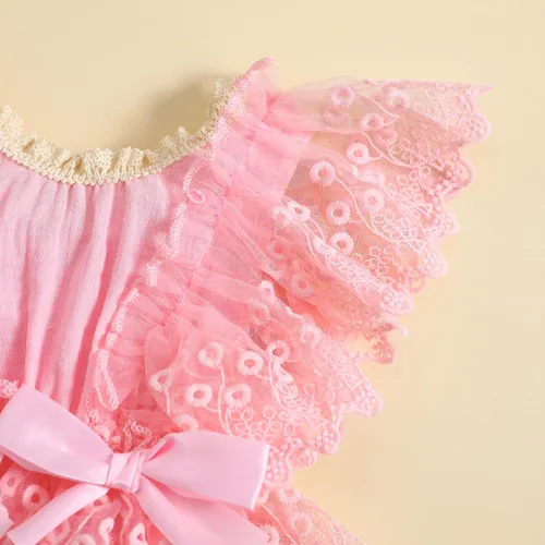 Vista 7 de Mameluco de burbujas para bebé niña con encaje y tutú con mangas con volantes, traje de verano