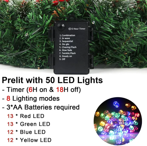 Vista 3 de Corona de Navidad Prelit de 24 pulgadas con Colgador para Puerta Delantera, Decoraciones de Navidad, 8 Modos de Luz, Impermeable, Funciona
