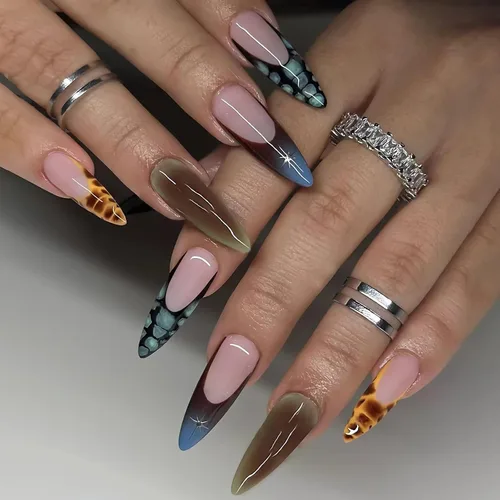 Vista 10 de BABALAL Uñas postizas largas a presión de estilo stiletto, uñas postizas francesas de lujo, con pegamento, diseño de diamantes de imitación