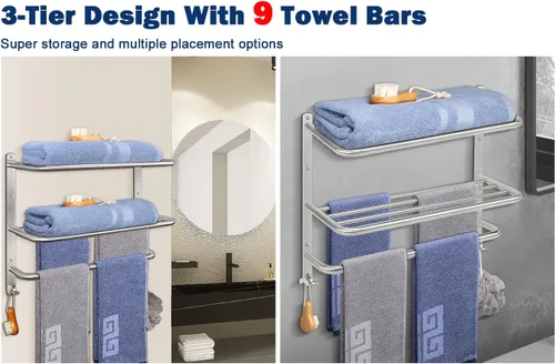 Vista 3 de NearMoon Toallero de baño, toallero de 3 niveles con ganchos, colgador de toallas de acero inoxidable SUS304, almacenamiento de toallas montado