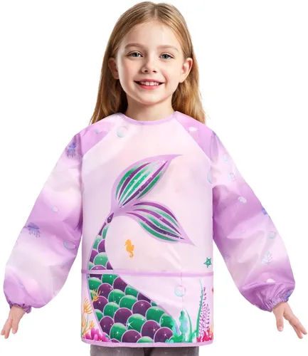 Vista 20 de WERNNSAI Bata de arte para niños impermeable con manga larga y 3 bolsillos de pintura
