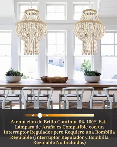 Vista 2 de ELYONA Candelabro grande de madera de abedul con cuentas de 3 luces, 16 pulgadas, estilo bohemio, estilo granja, luz colgante rústica, lámpara