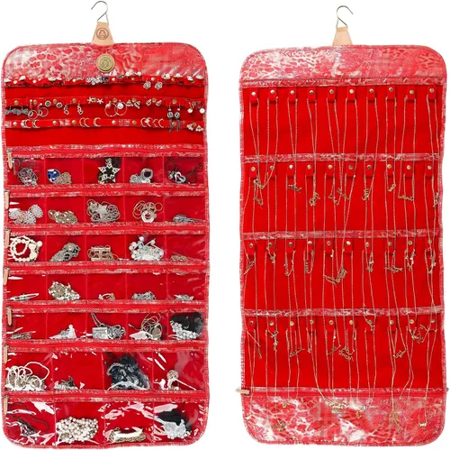 Vista 22 de Angelina's Palace Tenby Jewelry - Organizador de doble cara para colgar en el armario, rollo de almacenamiento de joyas, 24 barras de anillos