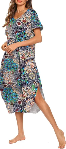 Vista 3 de AVIIER - Camisones de algodón para mujer, ropa de dormir suave con bolsillos, tallas S a XXL Negro Floewer 4