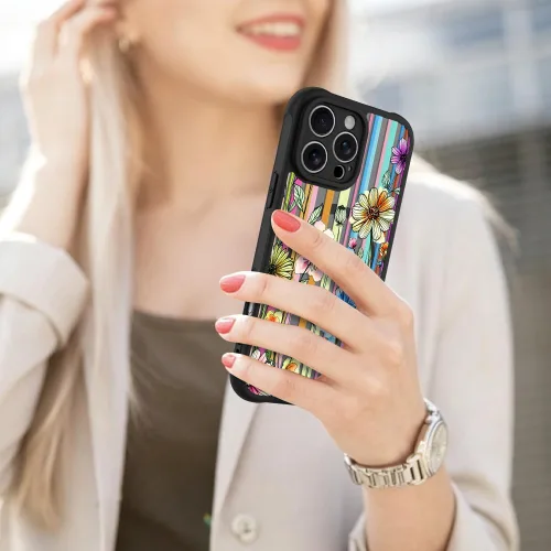 Vista 6 de AIGOMARA Magnetic Case for iPhone 16 Pro, Striped Floral - Black Black - Striped Floral