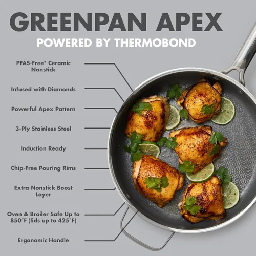 Vista 4 de GreenPan Hybrid 5QT Stainless Steel Saute Pan with Lid, Ceramic Nonstick Plateado