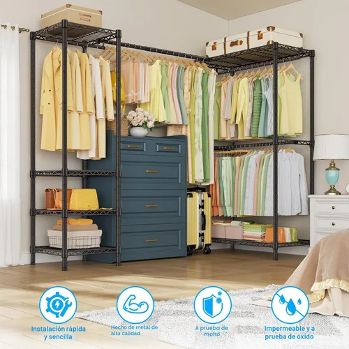 Vista 5 de E10L - Perchero en forma de L para esquina (con barra de suspensión expandible), resistente y independiente para colgar ropa, perchero portátil