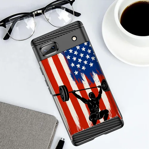 Vista 3 de Case Compatible with [Google Pixel 6A (2022) / Pixel 6A Case] Slim TPU Carbon Fiber Accent Scratch and Drop Protector USA Sporst Flag Theme