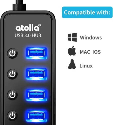 Vista 7 de Hub USB 3.0 alimentado, divisor de concentrador de datos USB de 7 puertos Atolla con un puerto de carga inteligente e interruptores individuales